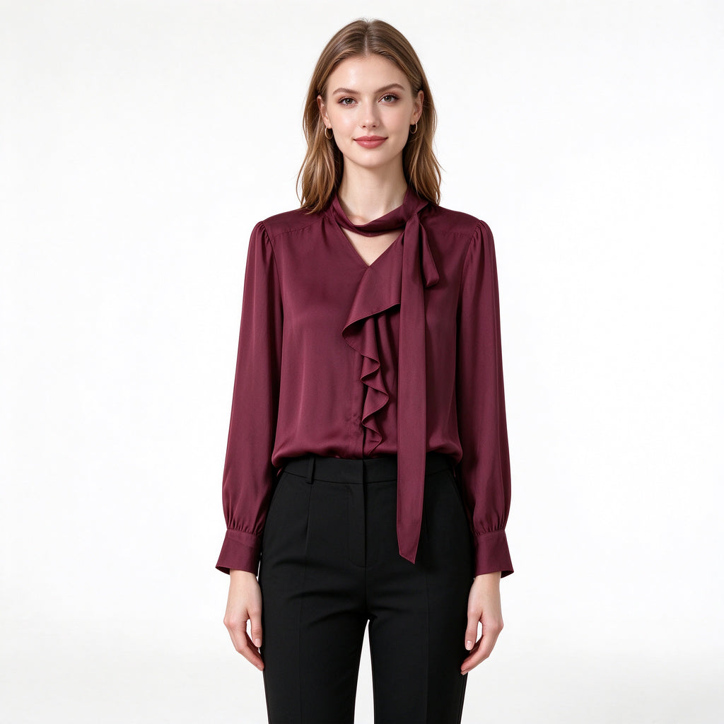 Burgundy Silk Blend Blouse Women – Ruffle Front Tie Neck Shirt, Elegant Tencel Office Top