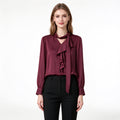 Burgundy Silk Blend Blouse Women – Ruffle Front Tie Neck Shirt, Elegant Tencel Office Top
