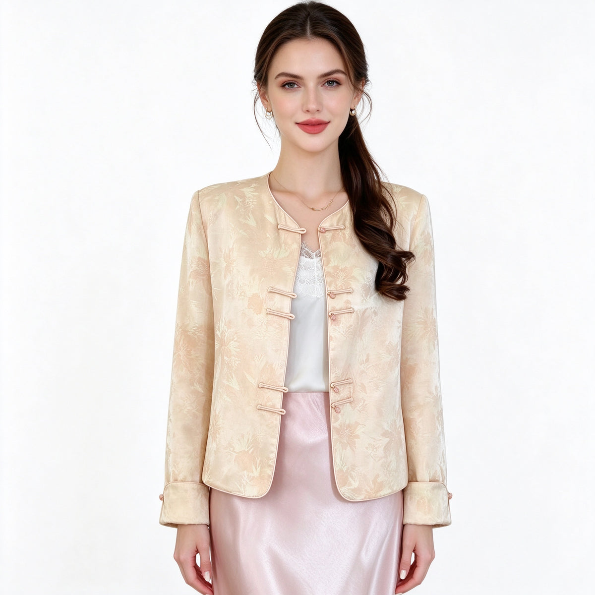 Pink Chinese Jacket Women – Cropped Jacquard Coat with Contrast Cuffs