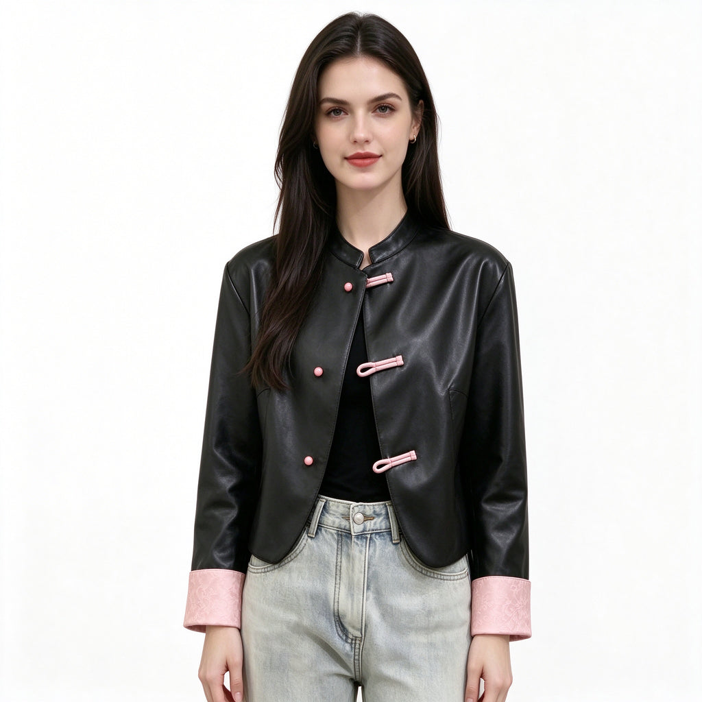 Chinese Leather Jacket Women – Black PU Cropped Coat with Pink Frog Buttons