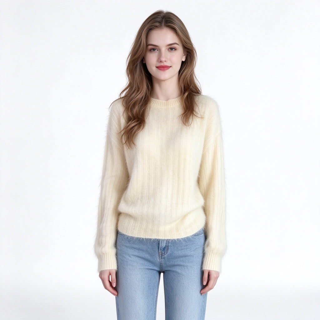 Women's Wool Cashmere Silk Blend Crew Neck Sweater – Soft Ribbed Knit Pullover for Winter, No Itch, 6 Colors