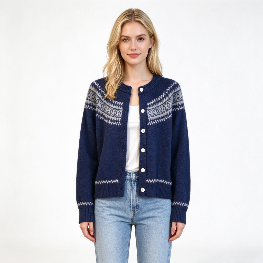 Fair Isle Yoke Cardigan Women – Crew Neck Knit Button-Up Sweater, Soft Vintage Fall Outerwear