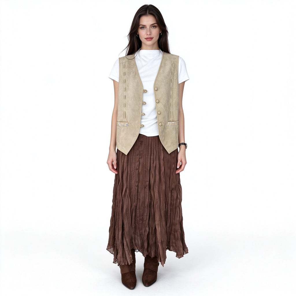 Faux Suede Vest Women – Longline V-Neck Sleeveless Top, Beige Khaki