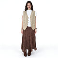 Faux Suede Vest Women – Longline V-Neck Sleeveless Top, Beige Khaki