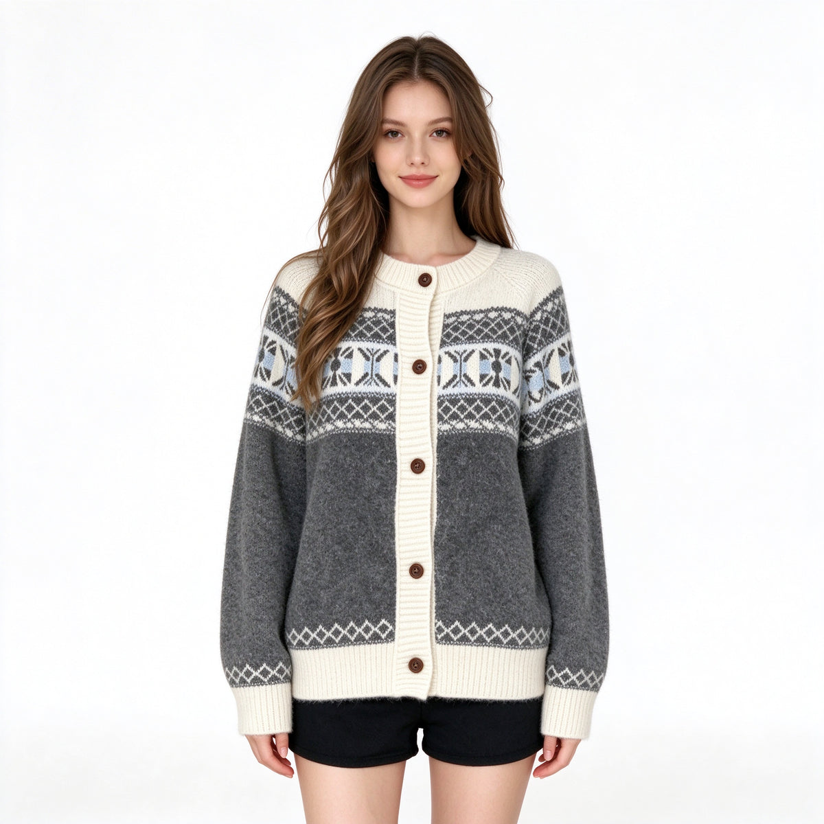 Nordic Fair Isle Cardigan Women – Yoke Pattern Knit Button-Up Sweater, Soft Relaxed Fall Outerwear