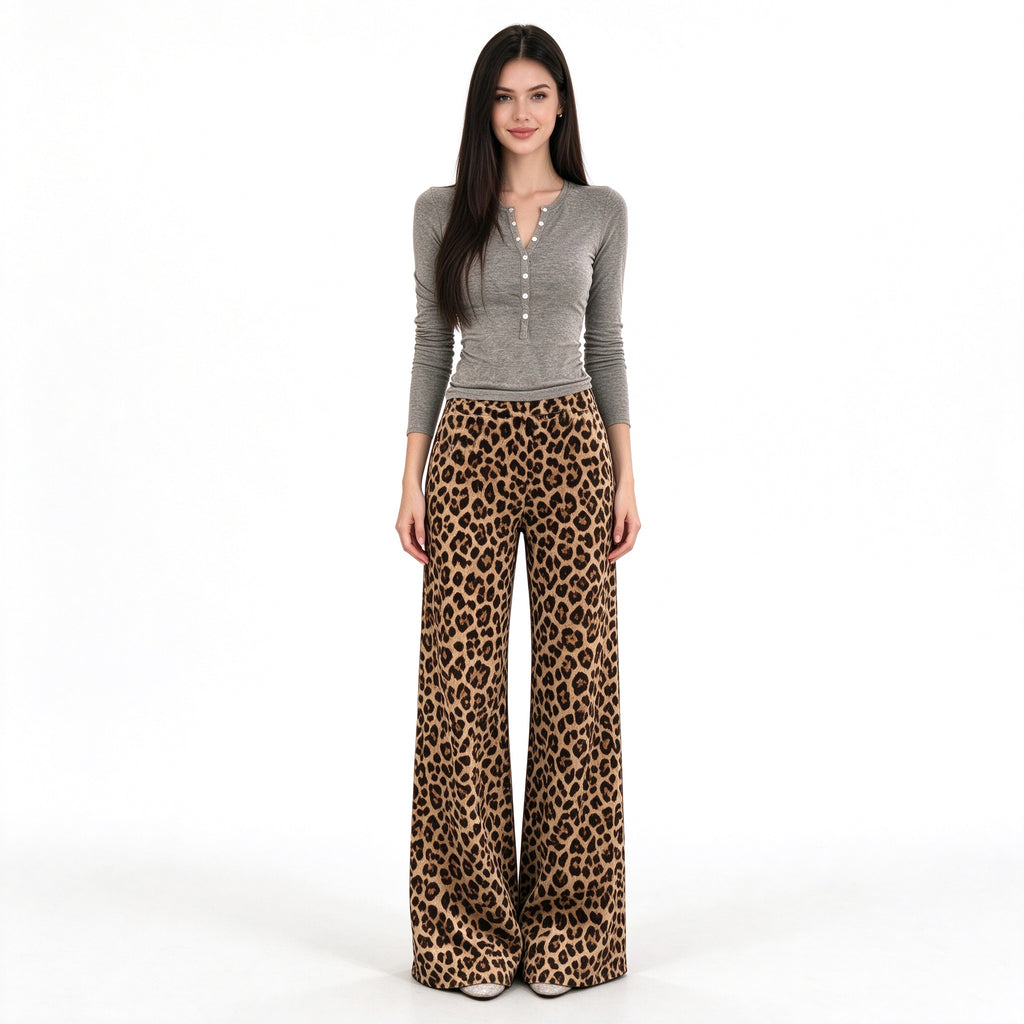 Women's Muted Leopard Print Wide Leg Pants – High Waisted Stretch Trousers, Floor-Length Y2K Street Style, 90s Retro Animal Print