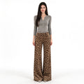 Women's Muted Leopard Print Wide Leg Pants – High Waisted Stretch Trousers, Floor-Length Y2K Street Style, 90s Retro Animal Print