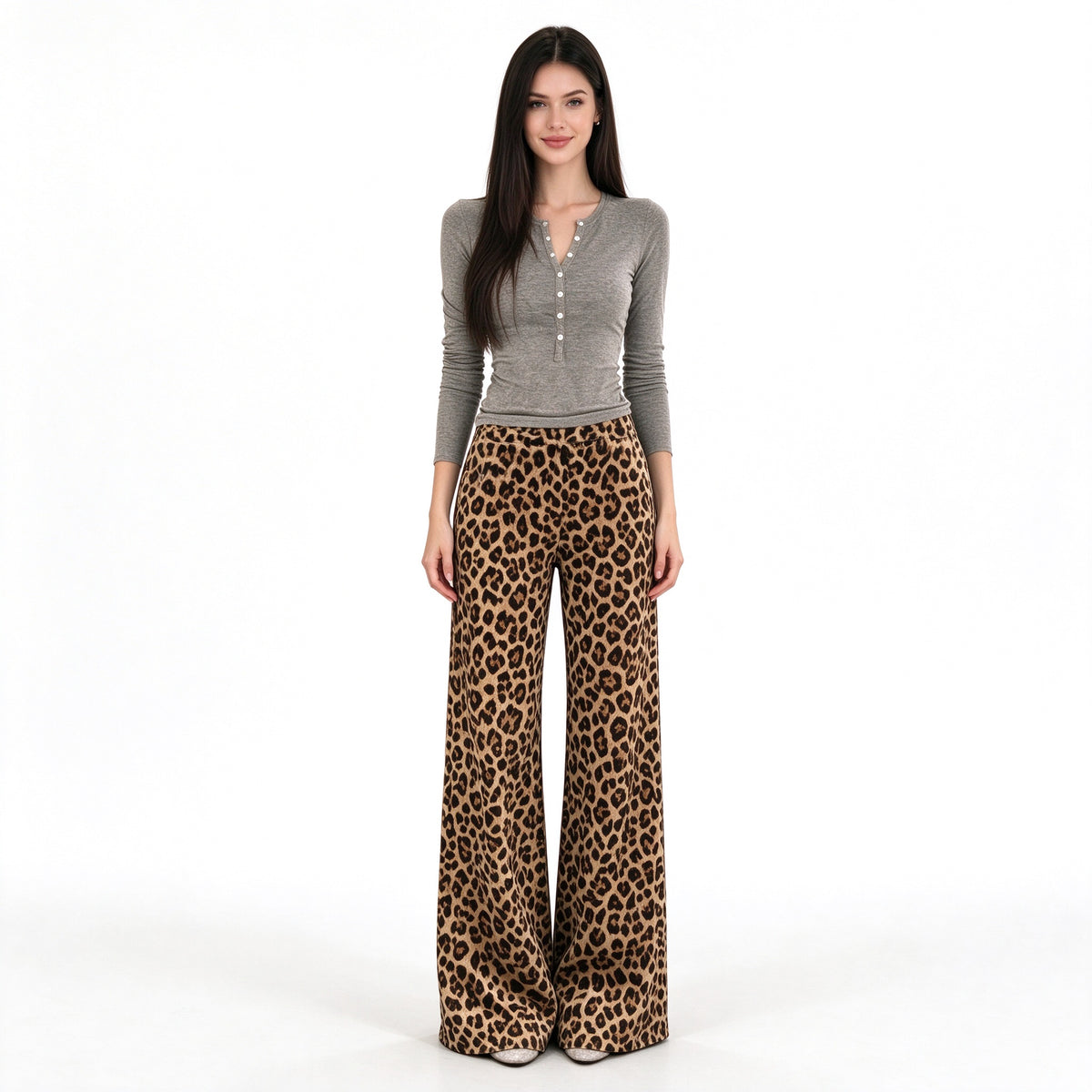 Women's Muted Leopard Print Wide Leg Pants – High Waisted Stretch Trousers, Floor-Length Y2K Street Style, 90s Retro Animal Print