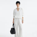 "Linen Two Piece Set Women – V Neck Tie Shirt + Wide Leg Pants, Casual Summer Outfit"
