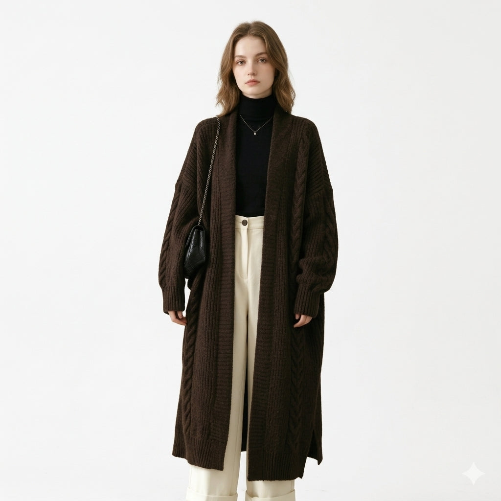 Cable Knit Long Cardigan Women – Open Front Chunky Knit Sweater Coat, Below Knee Fall Outerwear