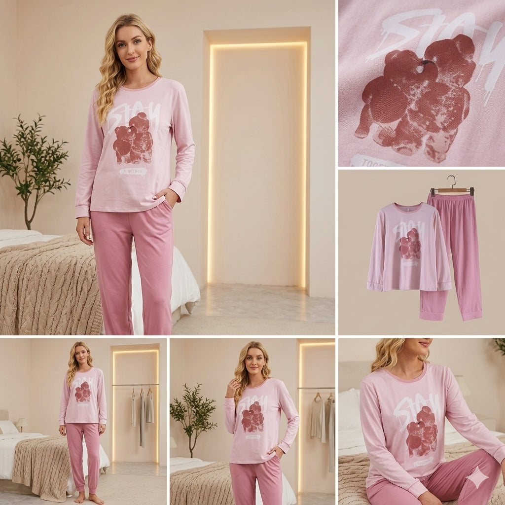 Cozy Stay Together Teddy Bear Pajama Set - Soft 2-Piece Cotton Loungewear