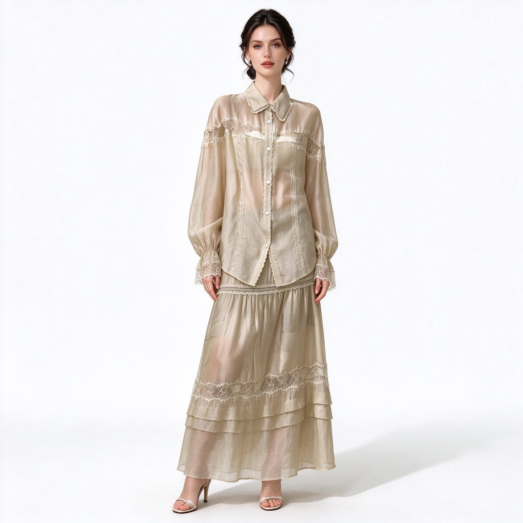 Lace Trim Tencel Linen Two Piece Set Women – Collared Shirt + Tiered Maxi Skirt
