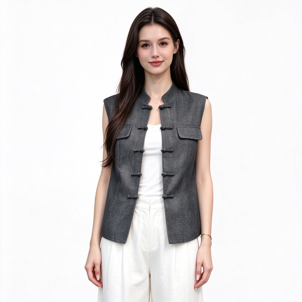 Chinese Mandarin Collar Vest Women – Frog Button Tweed Sleeveless Jacket, Dark Grey / Blue