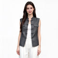 Chinese Mandarin Collar Vest Women – Frog Button Tweed Sleeveless Jacket, Dark Grey / Blue