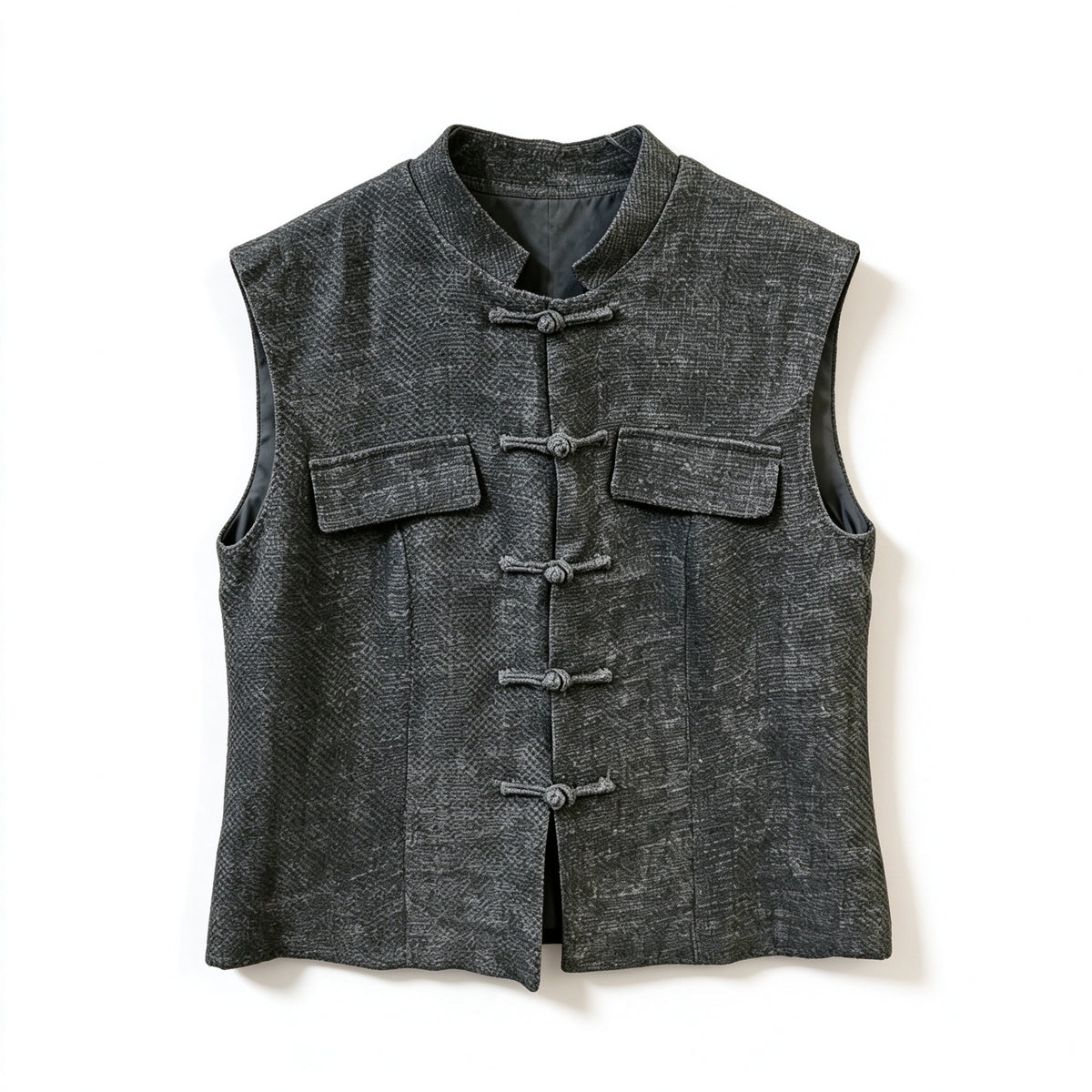 Chinese Mandarin Collar Vest Women – Frog Button Tweed Sleeveless Jacket, Dark Grey / Blue