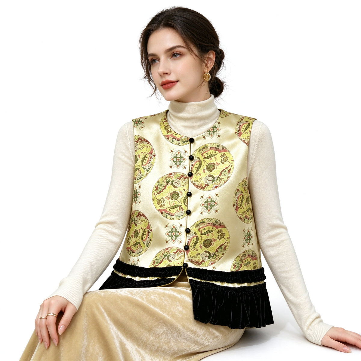 Vintage Medallion Brocade Vest Women – Cropped Sleeveless Top with Velvet Ruffle Hem