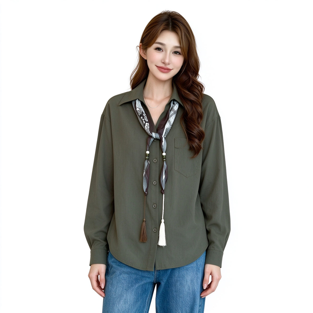 Olive Green Oversized Shirt Women – Button Down Top with Printed Scarf, Casual