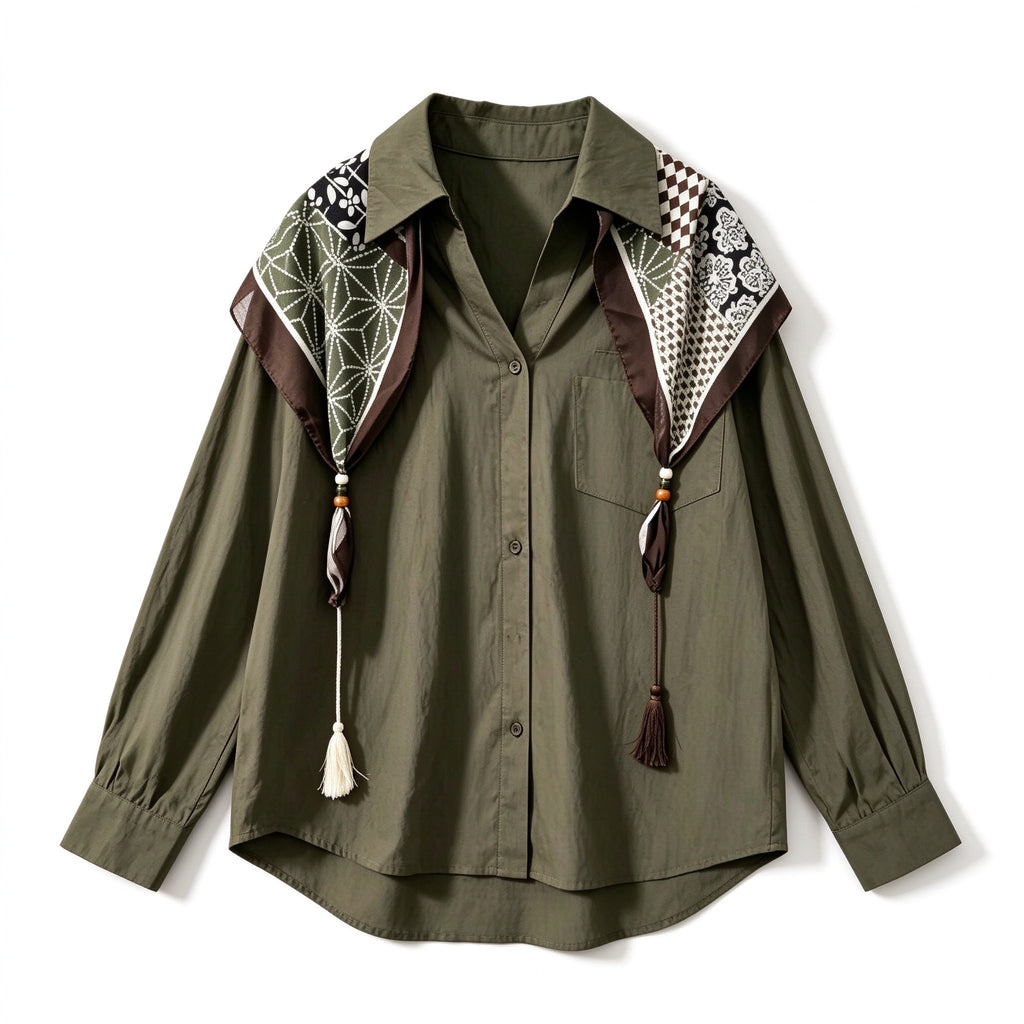 Olive Green Oversized Shirt Women – Button Down Top with Printed Scarf, Casual