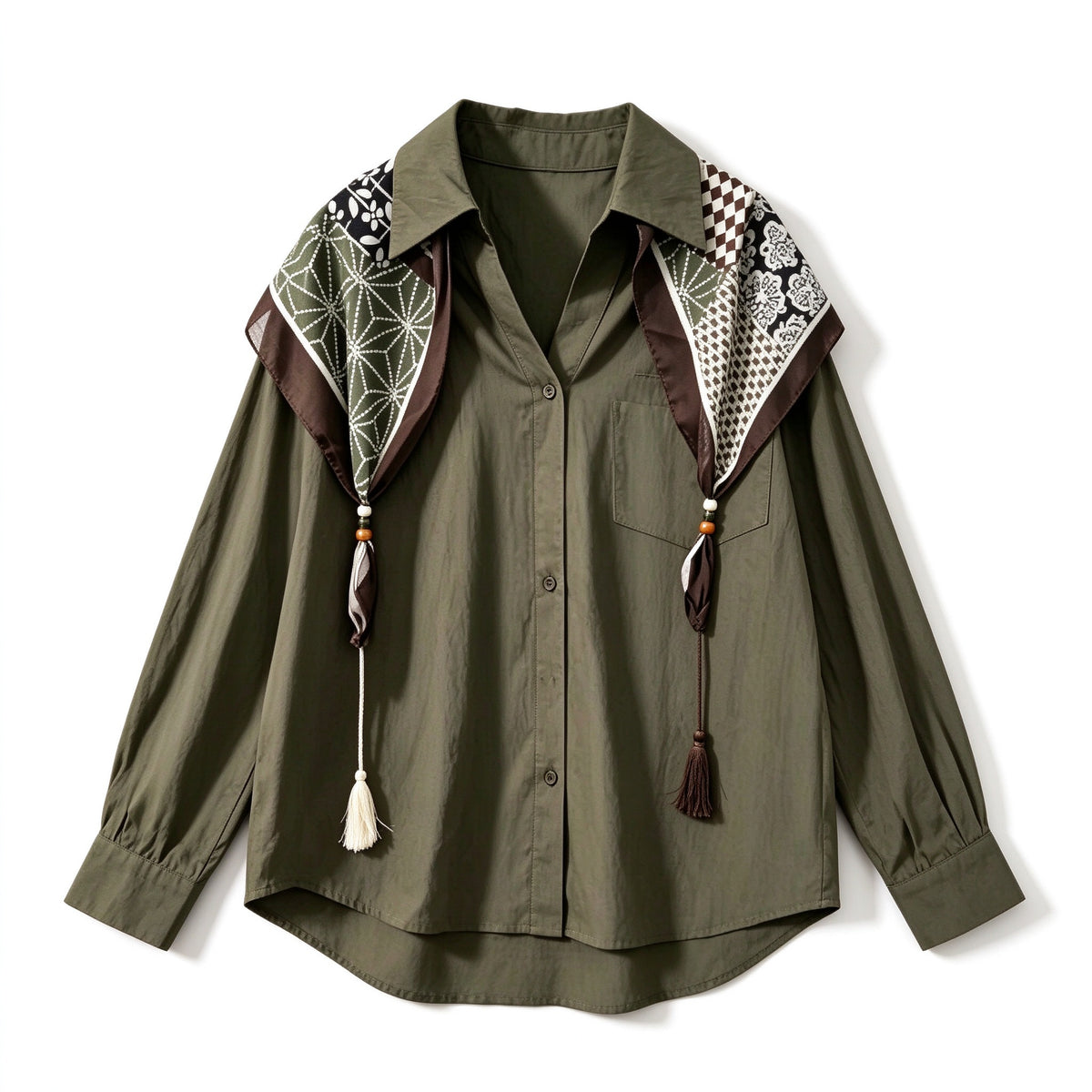 Olive Green Oversized Shirt Women – Button Down Top with Printed Scarf, Casual