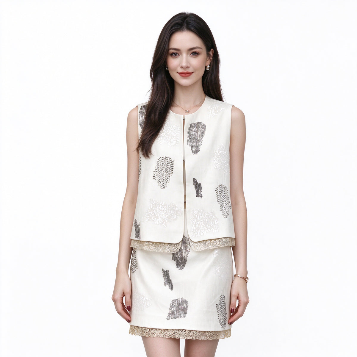 Rhinestone 2 Piece Set Women – Sleeveless Vest + Mini Skirt, Ivory Champagne
