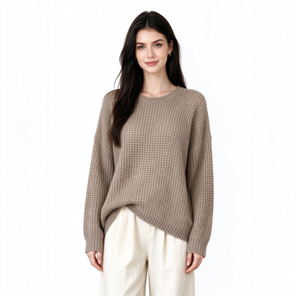 Oversized Waffle Knit Sweater Women – Oatmeal Brown Long Sleeve Pullover