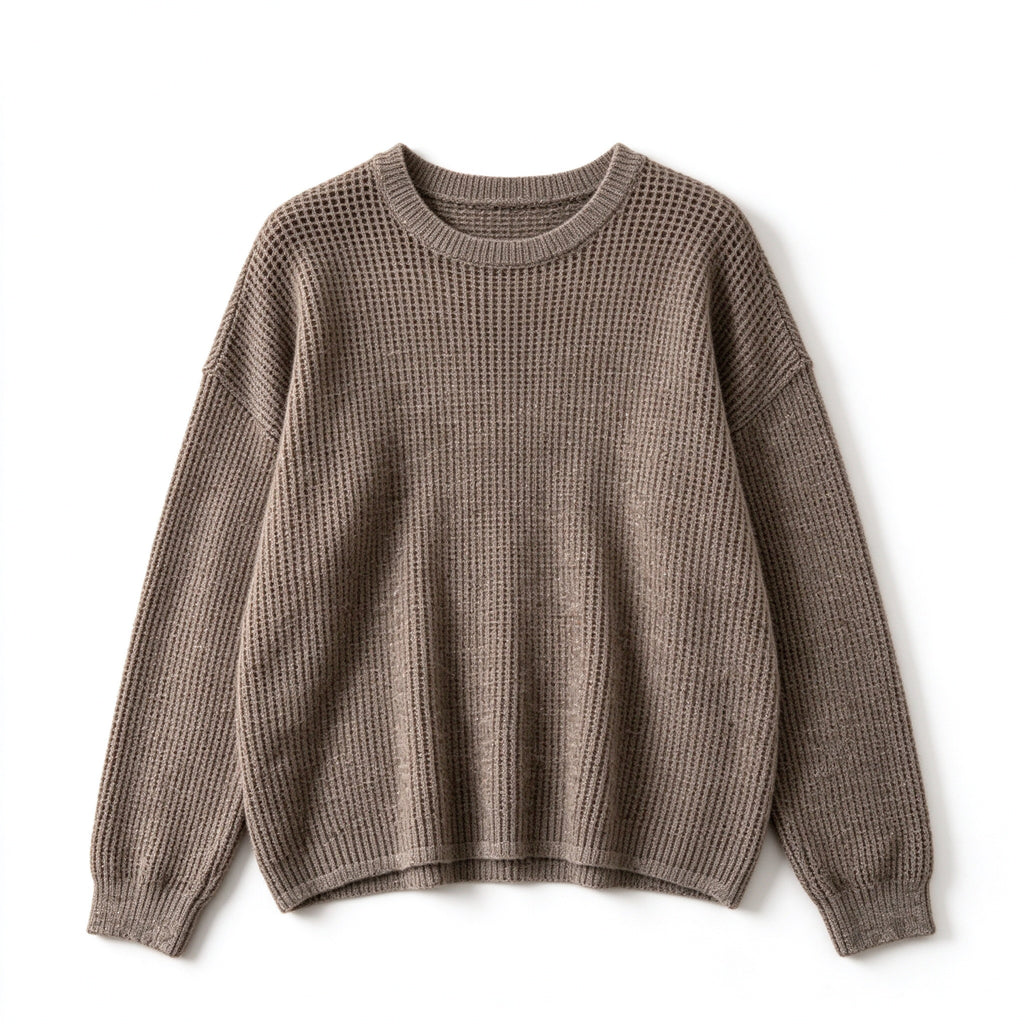 Oversized Waffle Knit Sweater Women – Oatmeal Brown Long Sleeve Pullover